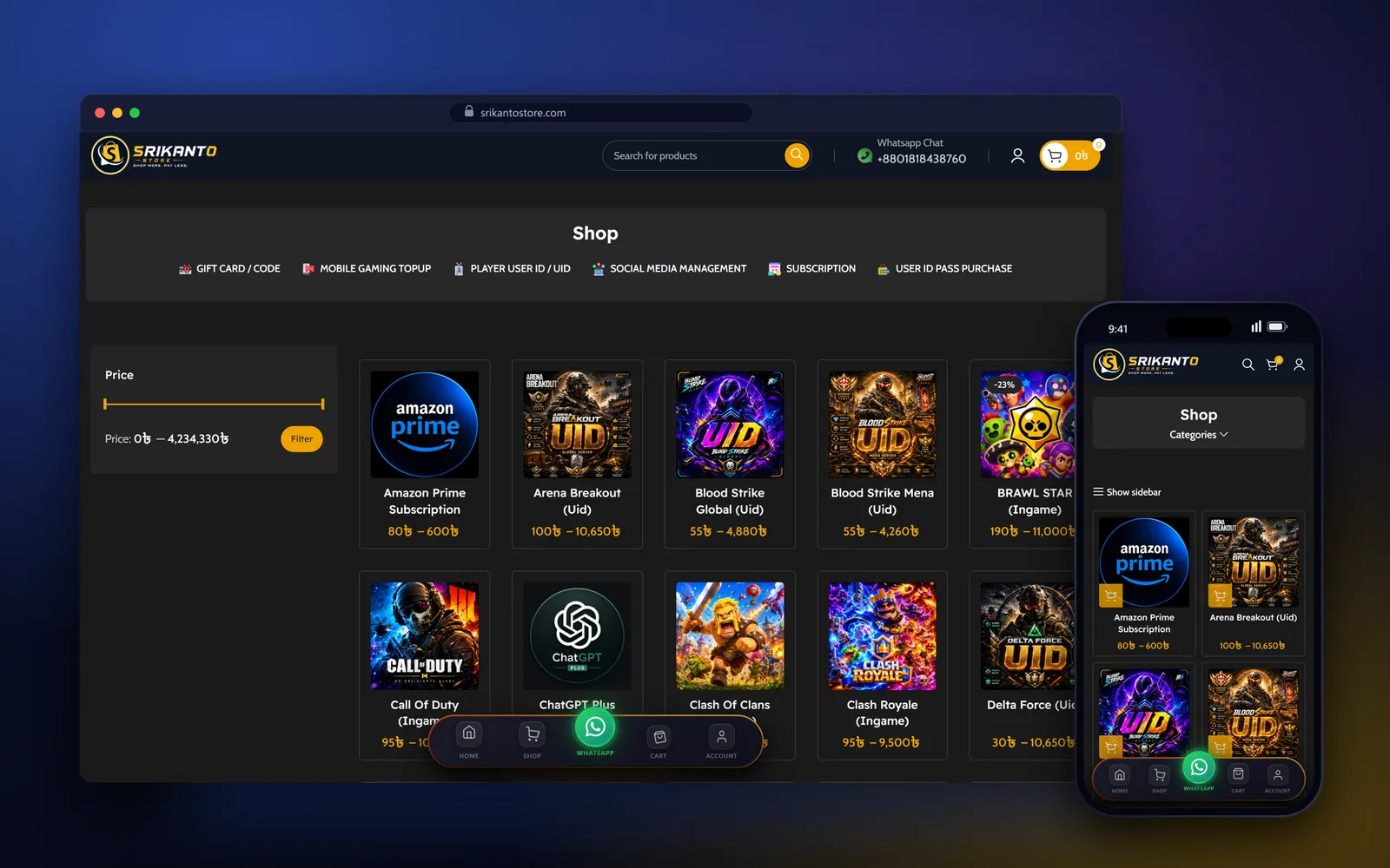 SrikantoStore shop page with product type tabs, a price filter and a grid of game and subscription products