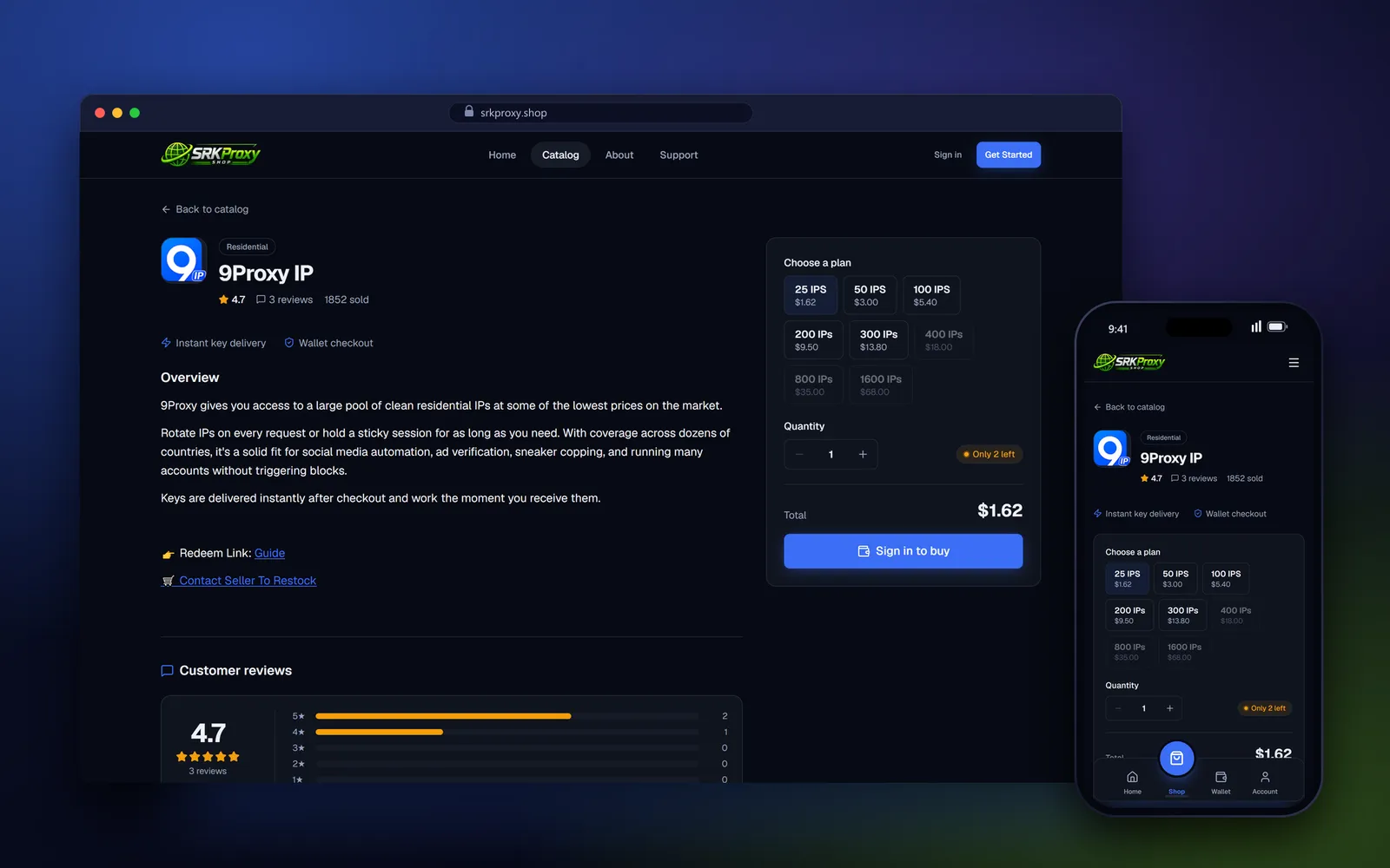 9Proxy IP product page on SRK Proxy with plan picker, quantity, live stock, and wallet checkout