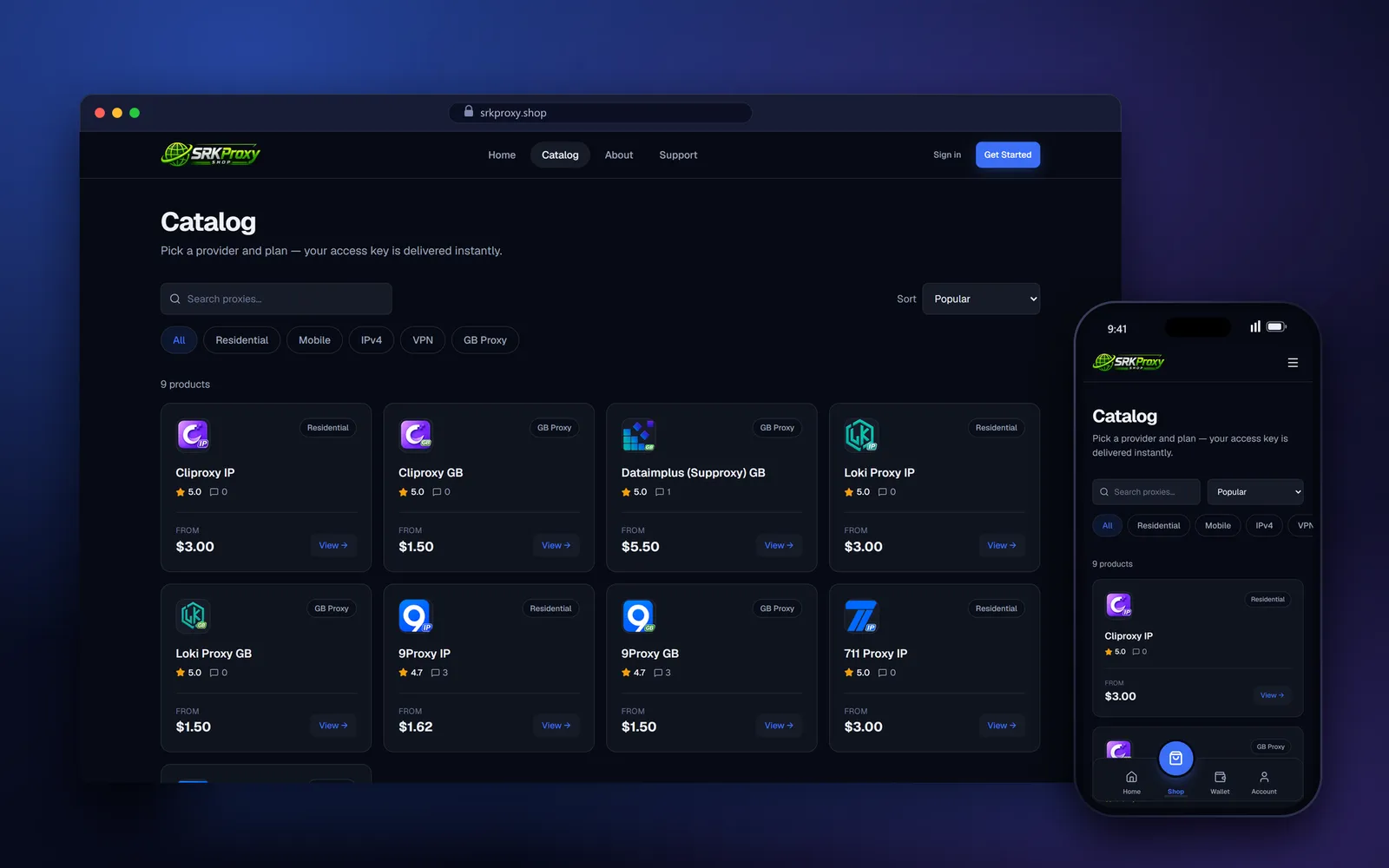 SRK Proxy catalog page with provider cards, search, and category filters, on desktop and mobile