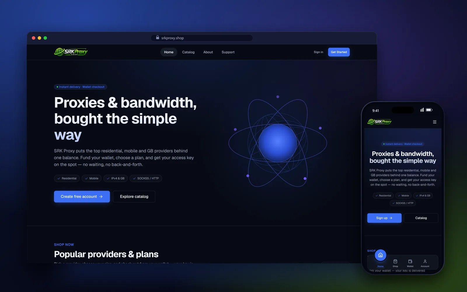 SRK Proxy homepage — proxy store website built on Node.js by WebDesignerBD, on desktop and mobile