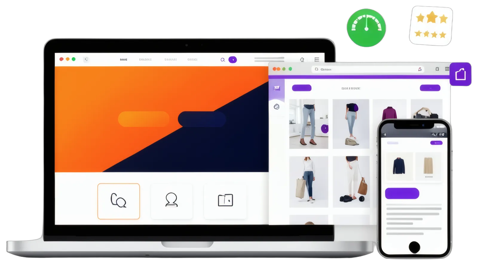 Website development company in Bangladesh — illustration of a business website on a laptop, a WooCommerce store and its mobile view, with a speed gauge and a star rating