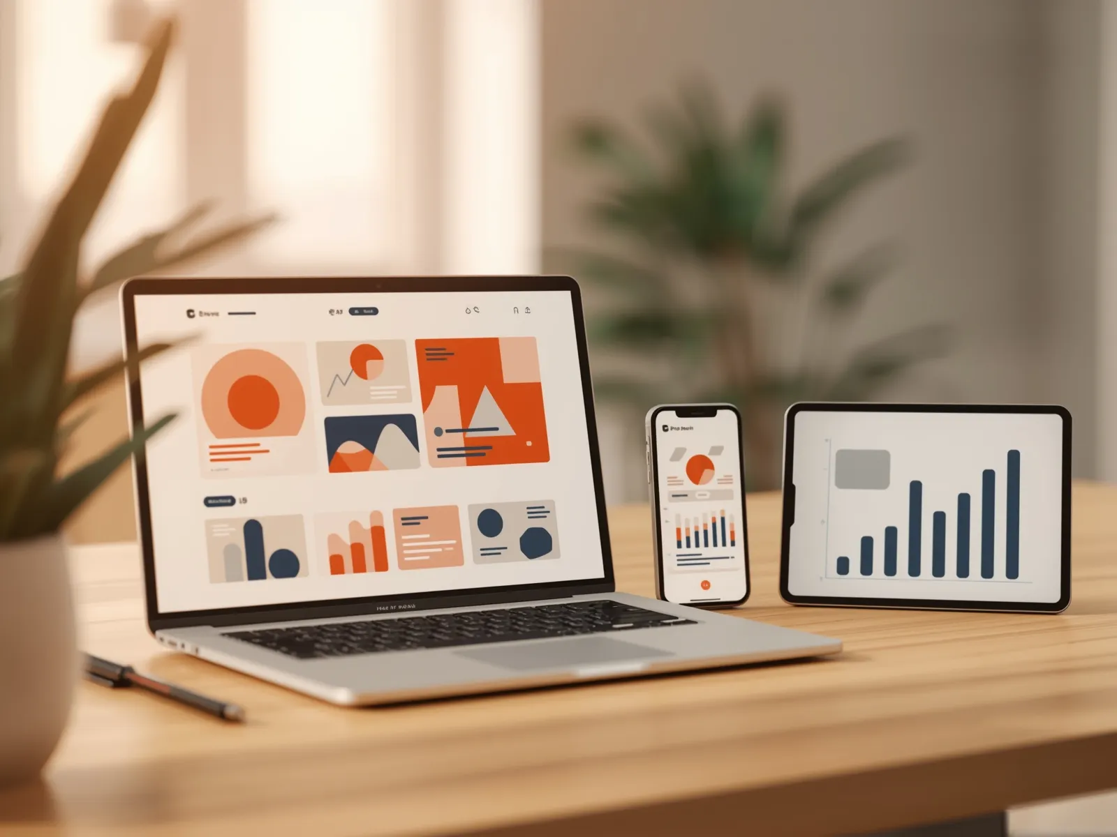 A laptop showing a website, a phone showing a shopping app, and a tablet showing a rising traffic chart — web development, app development, and SEO side by side