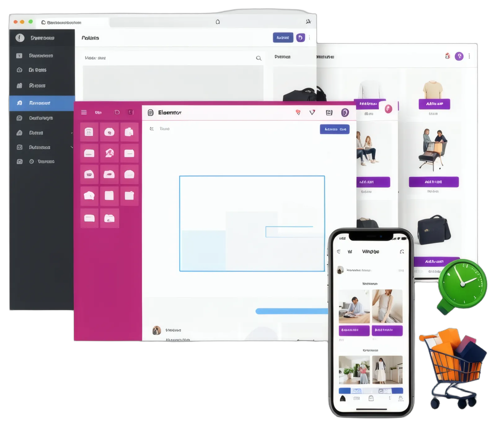 Illustration of a WordPress admin dashboard, the Elementor page builder and a WooCommerce store on desktop and mobile