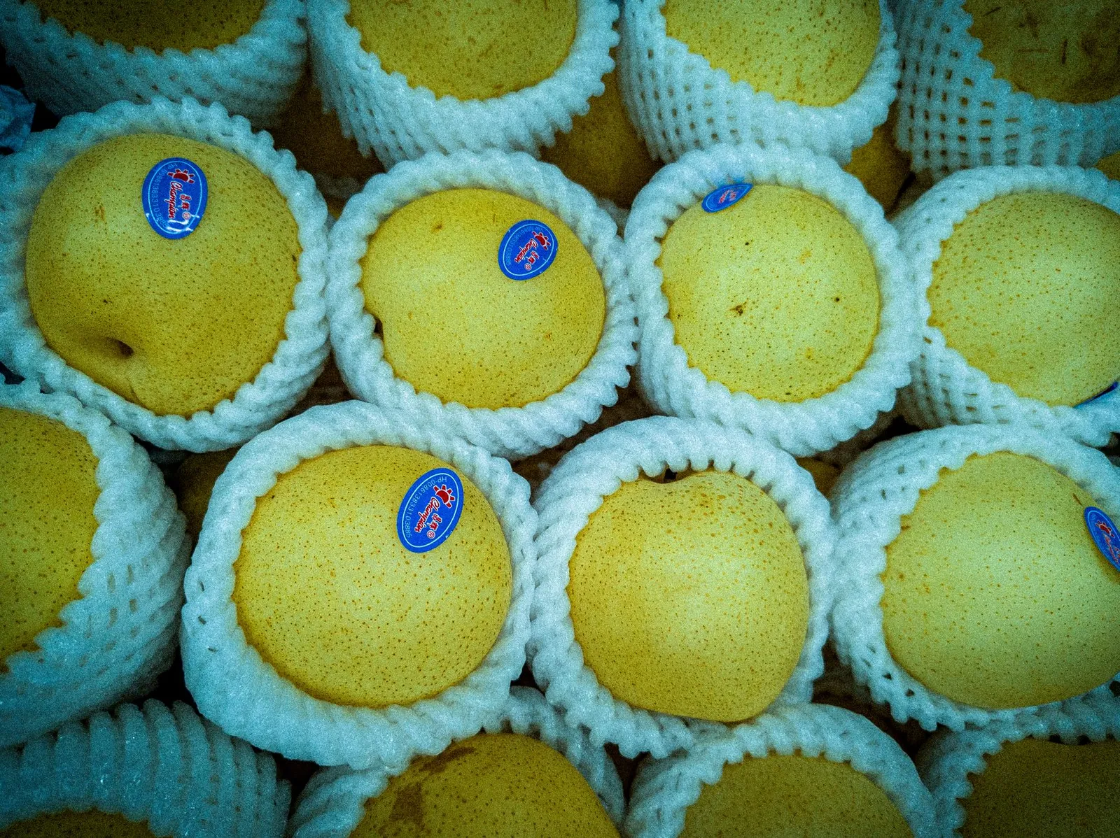Fresh pears packed in foam nets at a market in Jessore (Jashore) — the everyday trade a local ordering app is built around