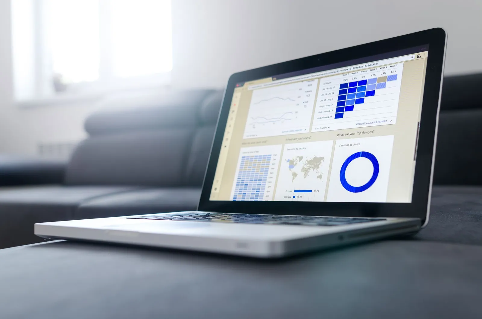 Laptop showing search and traffic charts on a dashboard — the numbers SEO work is checked against