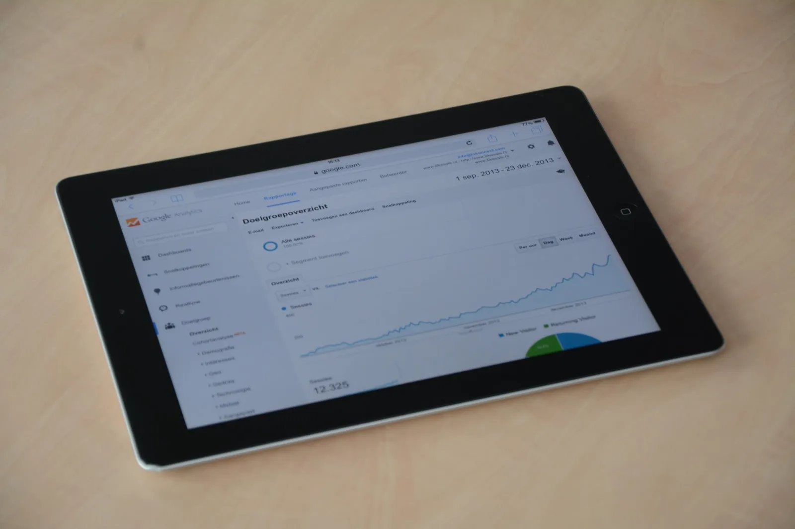 Tablet showing a web analytics dashboard with traffic graphs — the data a monthly SEO report explains